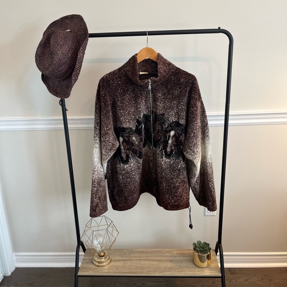 S.K. Sportswear Jackets & Blazers - S.K. Sportswear Full Zip Fleece Sweater Mock Neck Brown Horse Themed Large